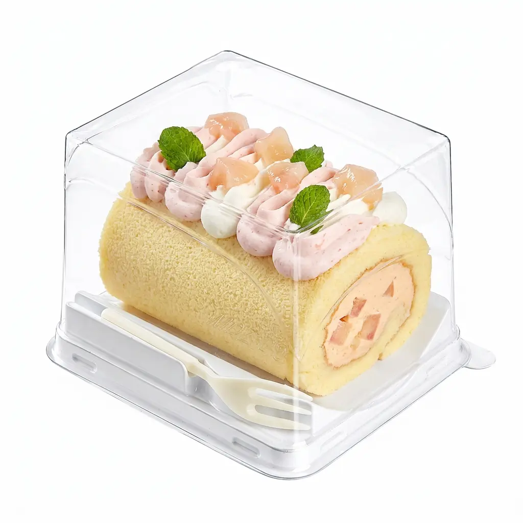 Clear PET/RPET dessert container with fork for peach cream cake roll packaging