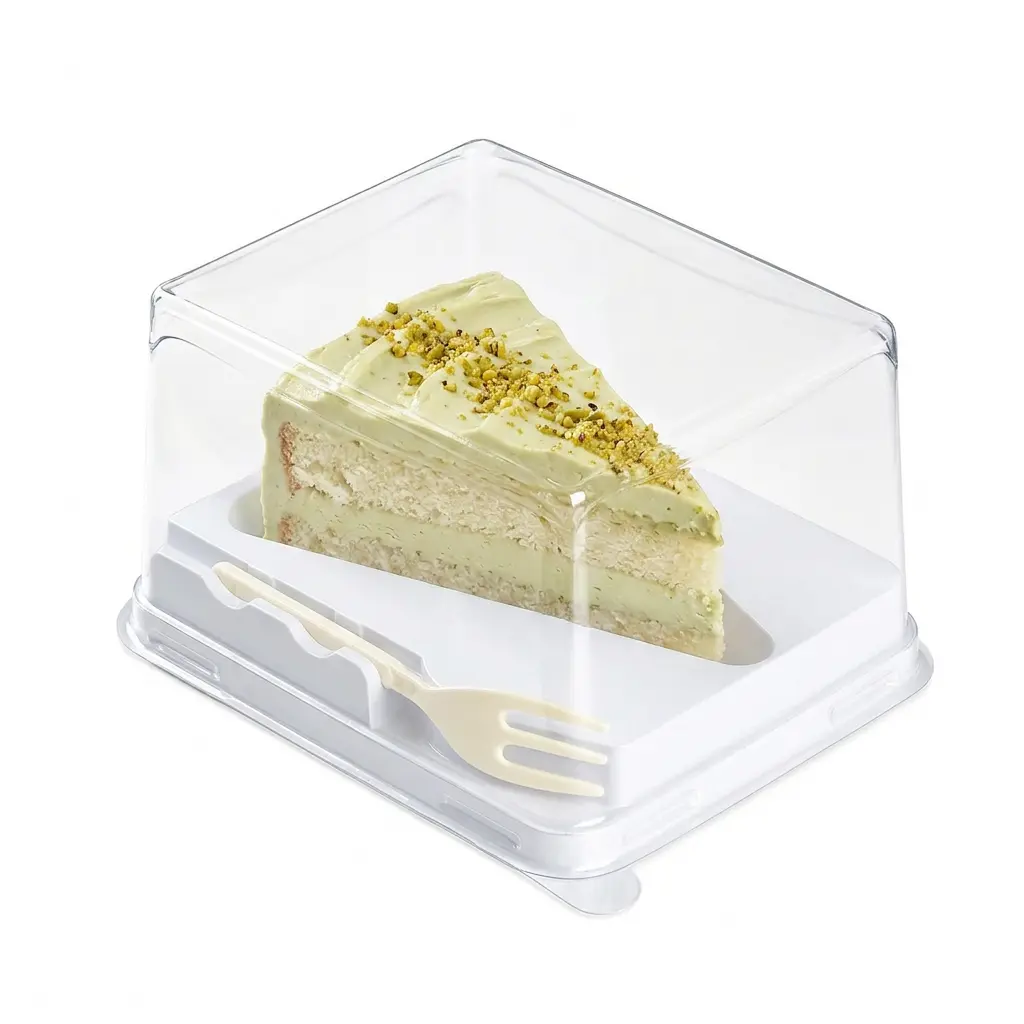 clear-pet-rpet-dessert-container-with-fork-pistachio-cream-cake Clear PET/RPET dessert container with fork for pistachio cream higher cake slice packaging