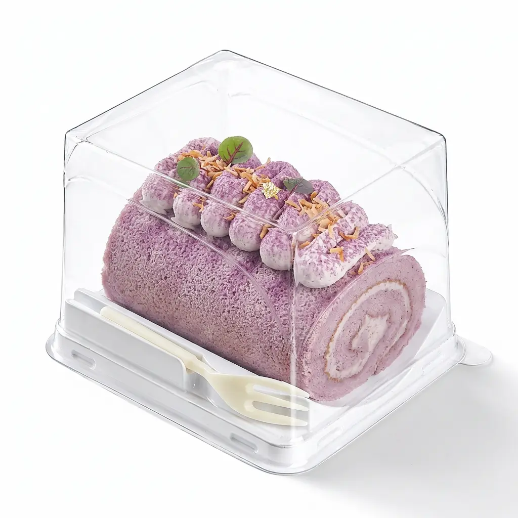 clear-pet-rpet-dessert-container-with-fork-purple-taro-cream-cake-roll Clear PET/RPET dessert container with fork for purple taro cream cake roll packaging