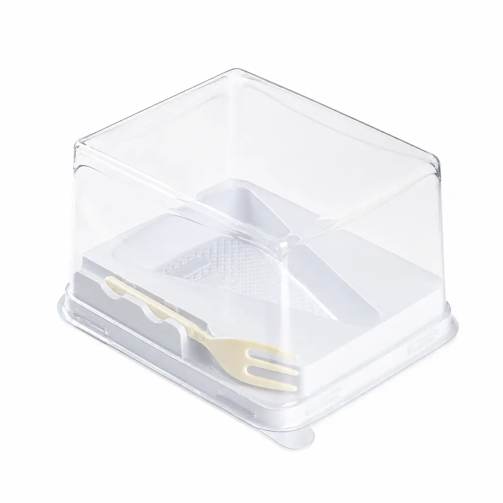 clear-pet-rpet-dessert-container-with-fork-raised-lid-empty Clear PET/RPET dessert container with fork and raised lid for higher cake slices