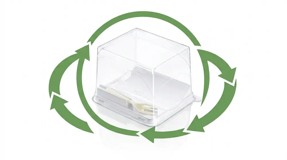 Clear PET/RPET dessert container with fork recyclable packaging concept