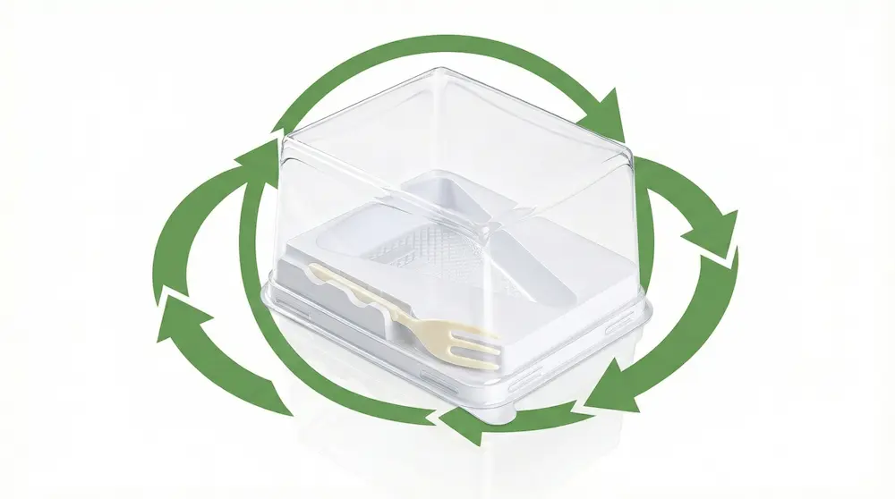 Clear PET/RPET dessert container with fork recyclable packaging concept for cake slices