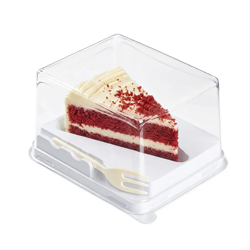 Clear PET/RPET dessert container with fork for red velvet higher cake slice packaging