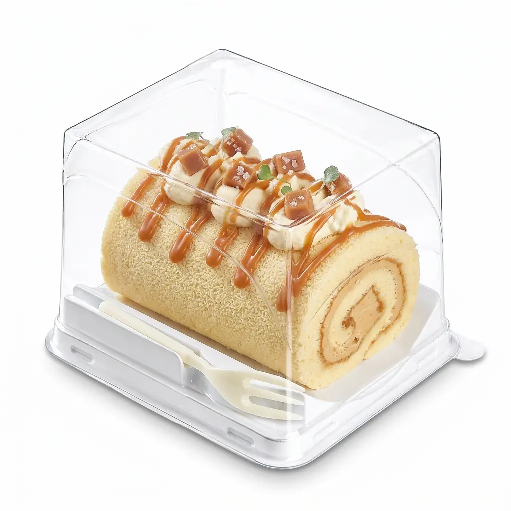 clear-pet-rpet-dessert-container-with-fork-salted-caramel-cake-roll Clear PET/RPET dessert container with fork for salted caramel cake roll packaging