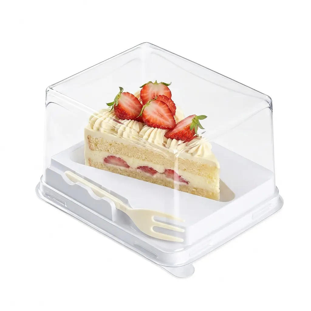 clear-pet-rpet-dessert-container-with-fork-strawberry-cream-cake-slice Clear PET/RPET dessert container with fork for strawberry cream higher cake slice packaging