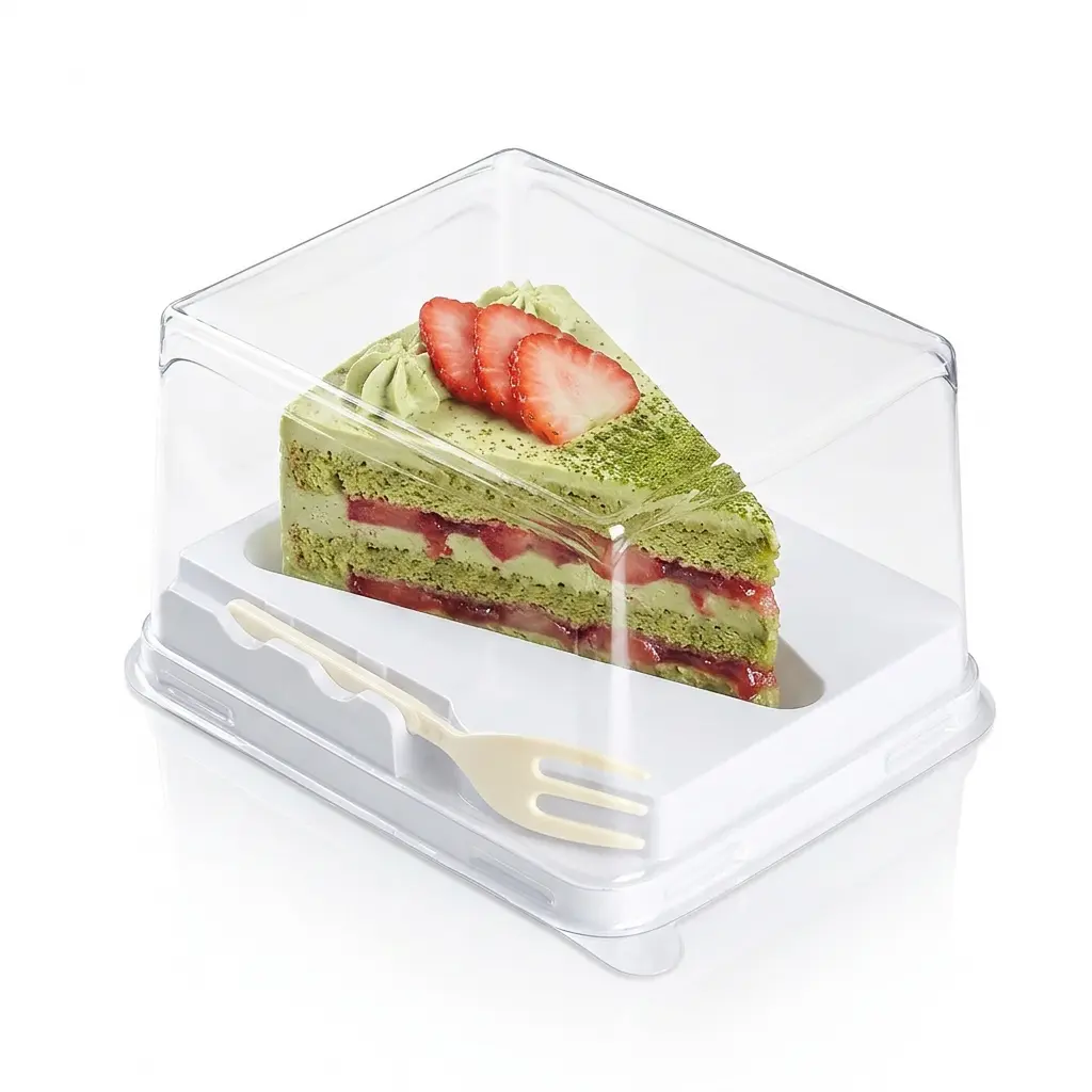 clear-pet-rpet-dessert-container-with-fork-strawberry-matcha-cake Clear PET/RPET dessert container with fork for strawberry matcha cake slice packaging