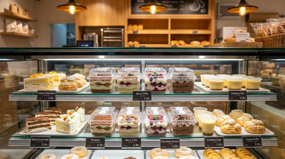 Clear PET/RPET dessert container with spoon for bakery refrigerated dessert display