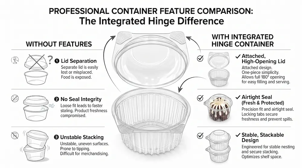 Clear PET/RPET dome dessert container integrated hinge feature comparison