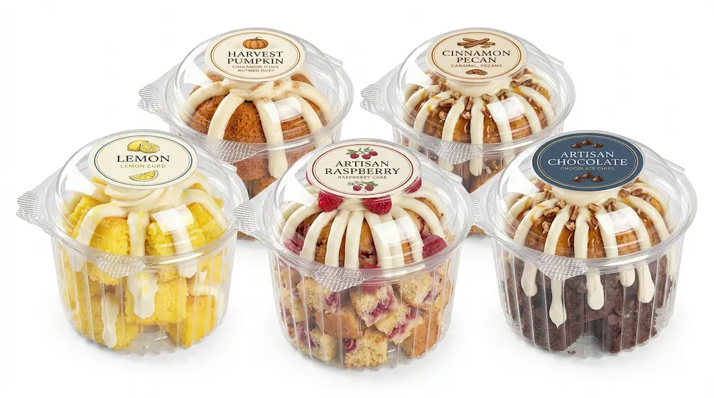 Clear PET/RPET dome dessert containers with custom bakery labels