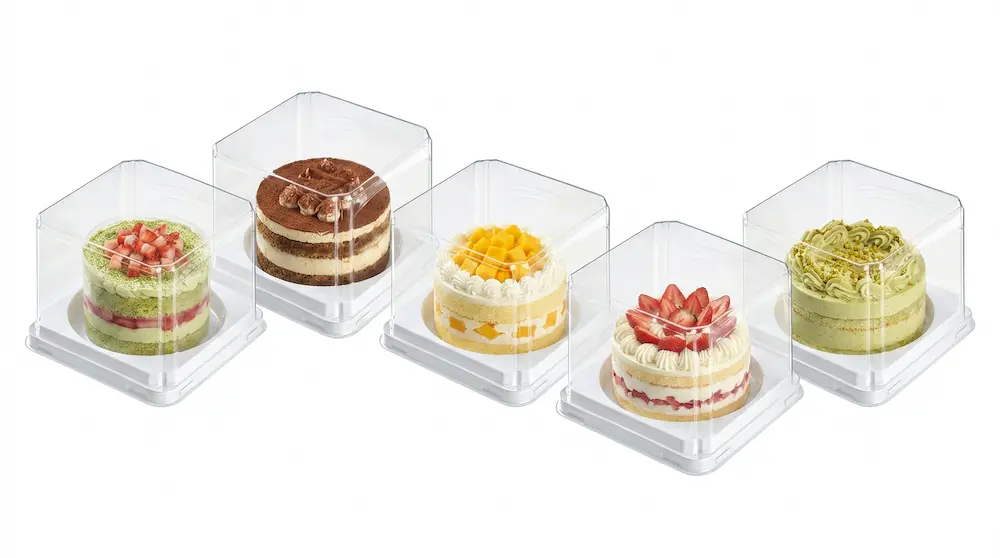 Clear PET/RPET mini cake container collection for assorted round cakes