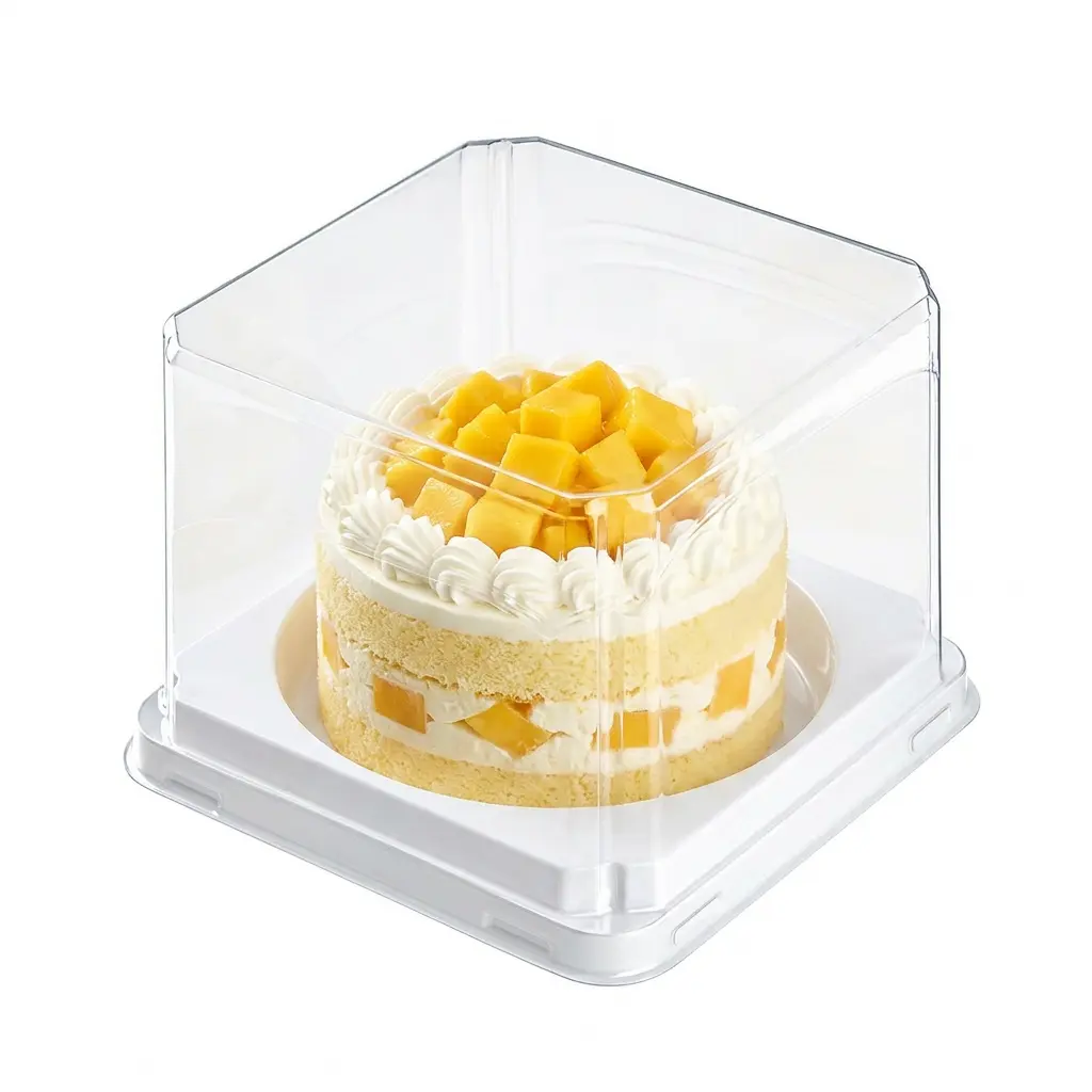 clear-pet-rpet-mini-cake-container-mango-cream-round-cake Clear PET/RPET mini cake container with transparent square lid and white base holding a mango cream round cake
