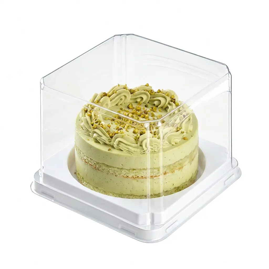 clear-pet-rpet-mini-cake-container-pistachio-cream-cake Clear PET/RPET mini cake container with pistachio cream round cake inside