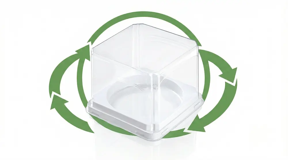 Empty Clear PET/RPET mini cake container with recyclable packaging concept