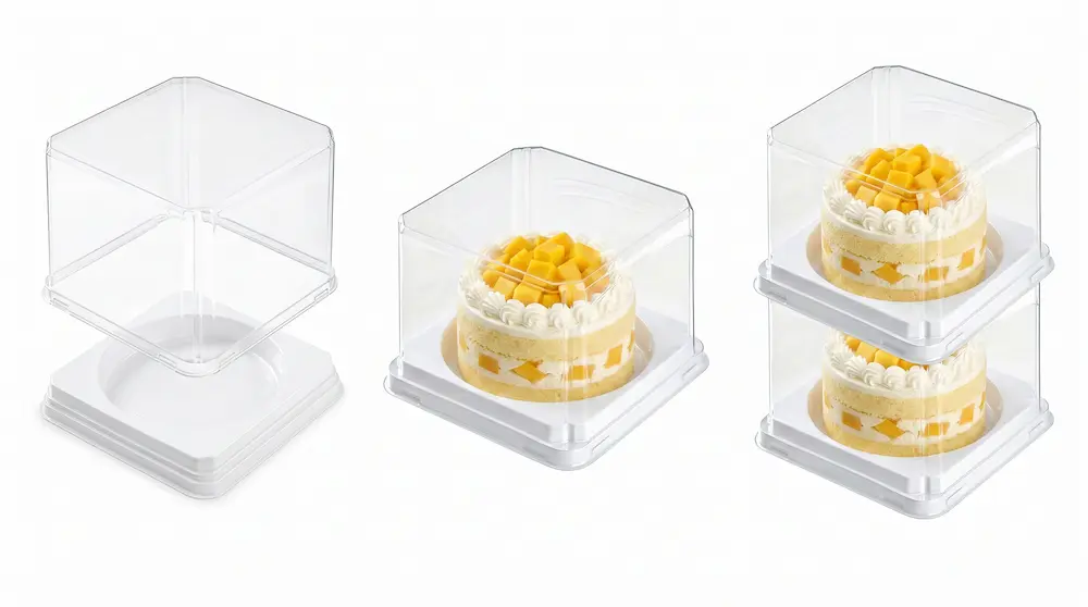Clear PET/RPET mini cake container showing empty structure assembled state and stackable design