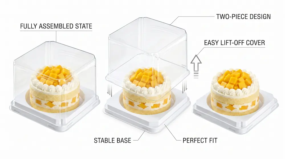 Clear PET/RPET mini cake container with two-piece lift-off cover and stable base design