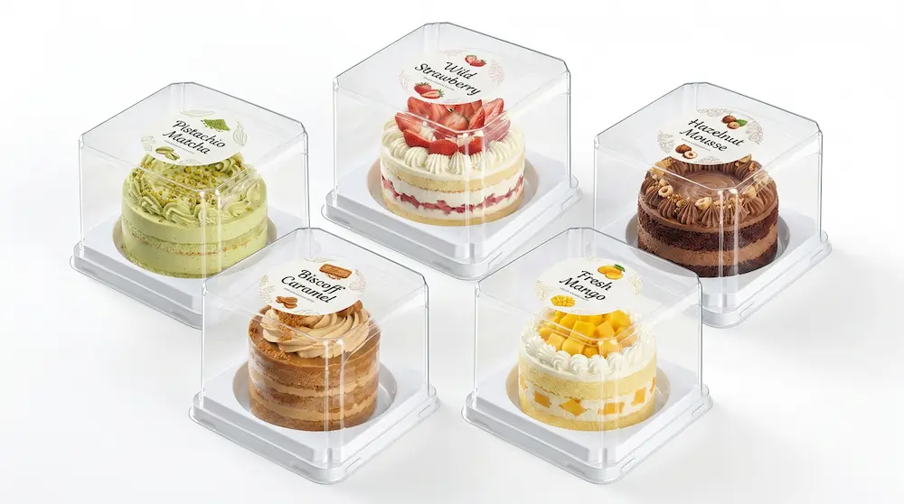 Clear PET/RPET mini cake containers with flavor labels for bakery dessert packaging