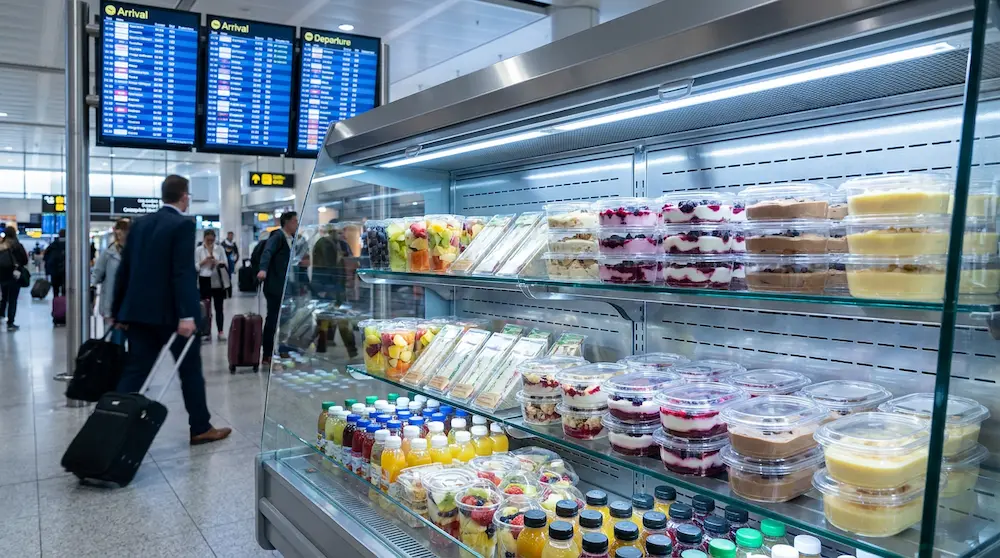 Clear PET/RPET oval dessert containers with anti-fog lids displayed in an airport grab-and-go refrigerated case