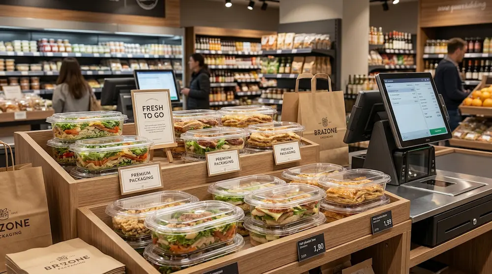 Clear PET/RPET oval dessert containers with anti-fog lids arranged near a retail checkout counter for fresh takeaway food