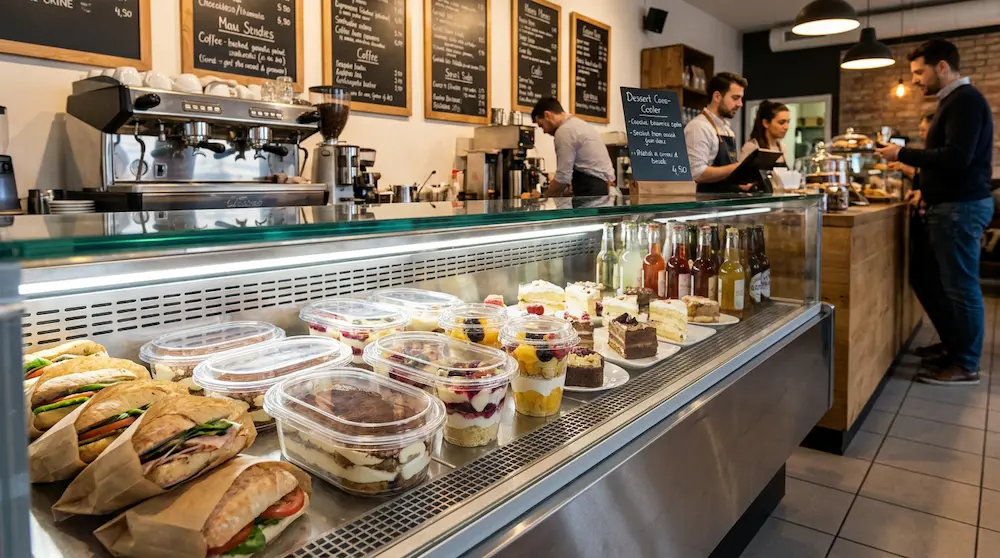 Clear PET/RPET oval dessert containers with anti-fog lids in a coffee shop chilled display with sandwiches and cakes