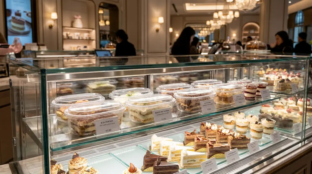 Clear PET/RPET oval dessert containers with anti-fog lids displayed in a premium dessert shop refrigerated showcase