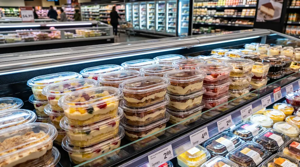 Clear PET/RPET oval dessert containers with anti-fog lids in a premium supermarket chilled dessert and light meal section