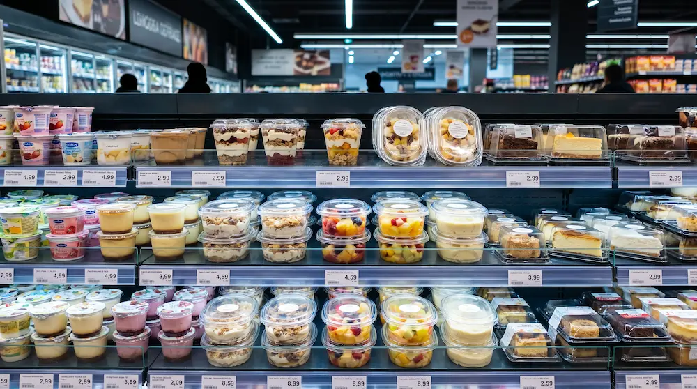 Clear PET/RPET oval dessert containers with anti-fog lids on a supermarket refrigerated dessert shelf