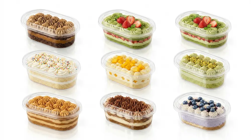 Clear PET/RPET oval dessert containers with anti-fog lids filled with assorted cakes including strawberry matcha, mango cream, pistachio, blueberry, birthday cake, tiramisu, and caramel desserts.