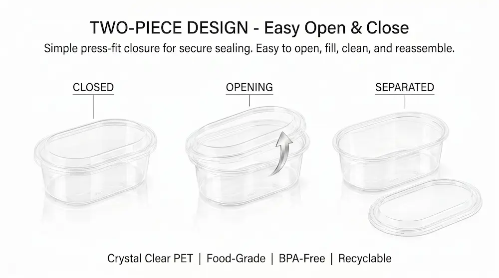 Clear PET/RPET oval dessert container with anti-fog lid showing closed, opening, and separated two-piece design for easy use.