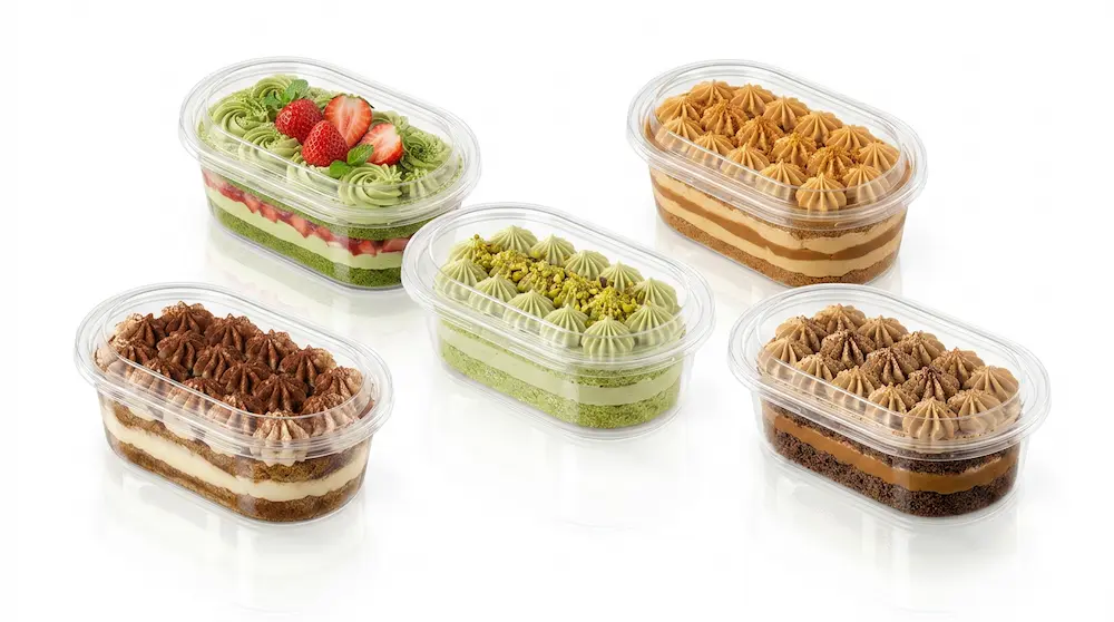Clear PET/RPET oval dessert containers with anti-fog lids featuring strawberry matcha, caramel, pistachio, tiramisu, and brown sugar espresso cakes.