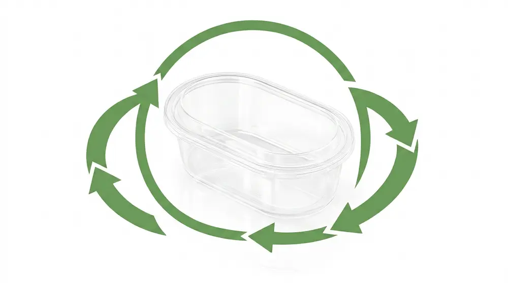 Clear PET/RPET oval dessert container with anti-fog lid shown with green recycling arrows for recyclable bakery and dessert packaging.