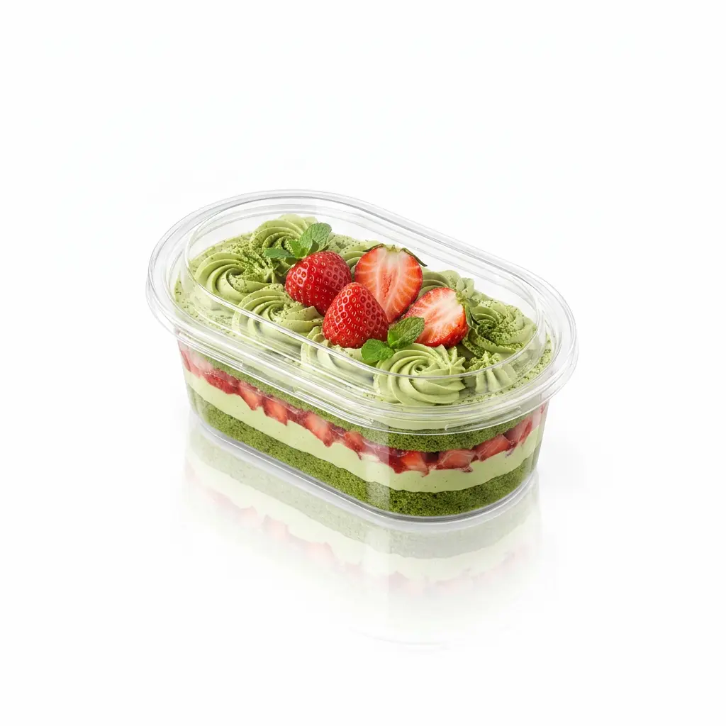 Clear PET/RPET oval dessert container with anti-fog lid, packed with strawberry matcha cake for premium chilled dessert display.