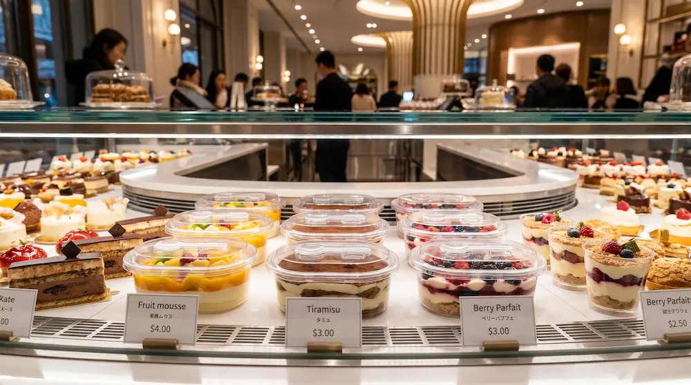 6.10 x 3.94 x 2.36 clear PET/RPET oval dessert container with spoon in a premium dessert display case
