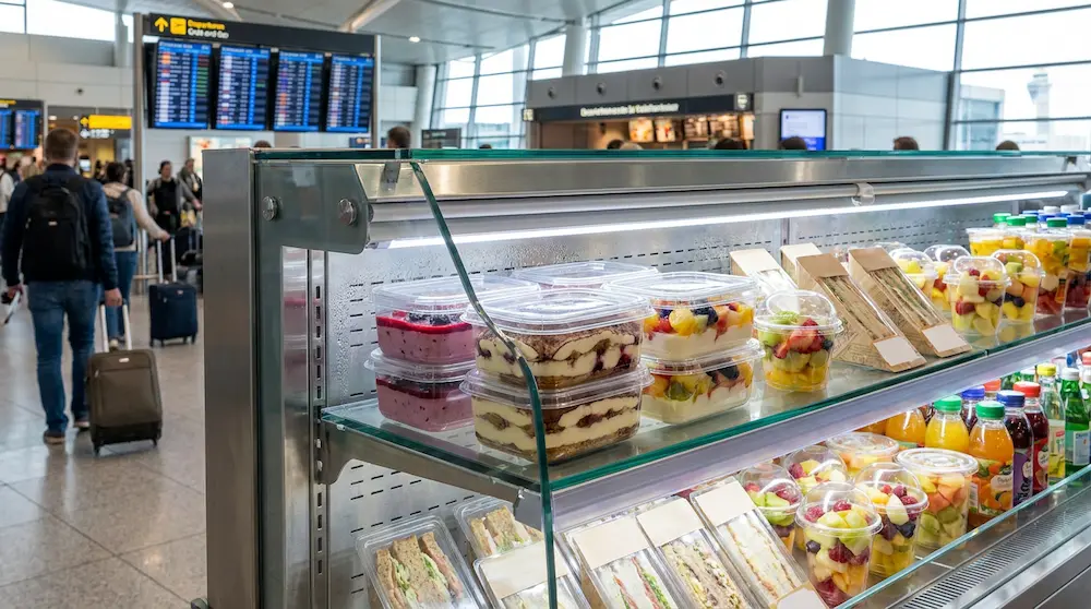 Clear PET/RPET rectangular dessert containers in an airport grab-and-go refrigerated display with fruit cups, sandwiches, and drinks