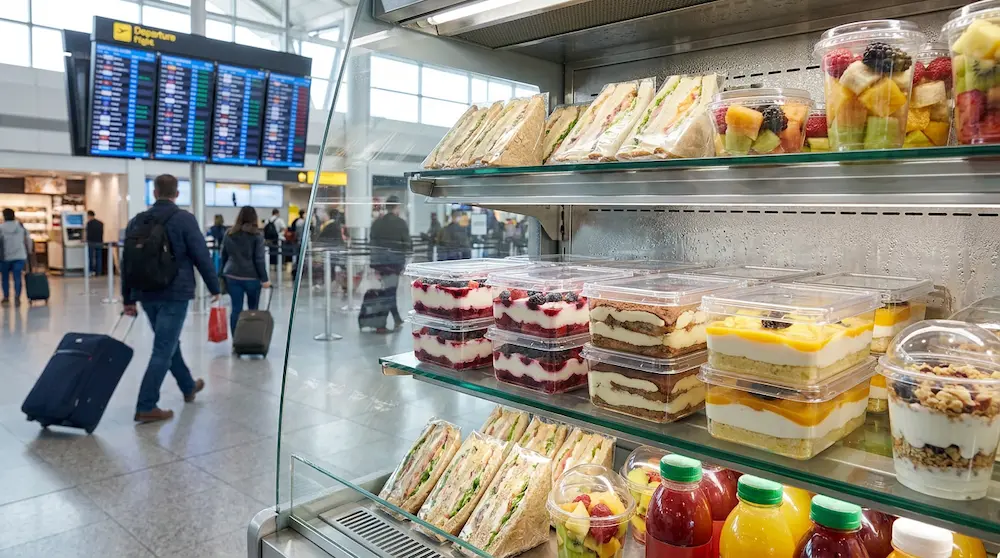 Clear PET/RPET rectangular dessert containers with anti-fog lids in an airport grab-and-go refrigerated case with sandwiches and fruit cups