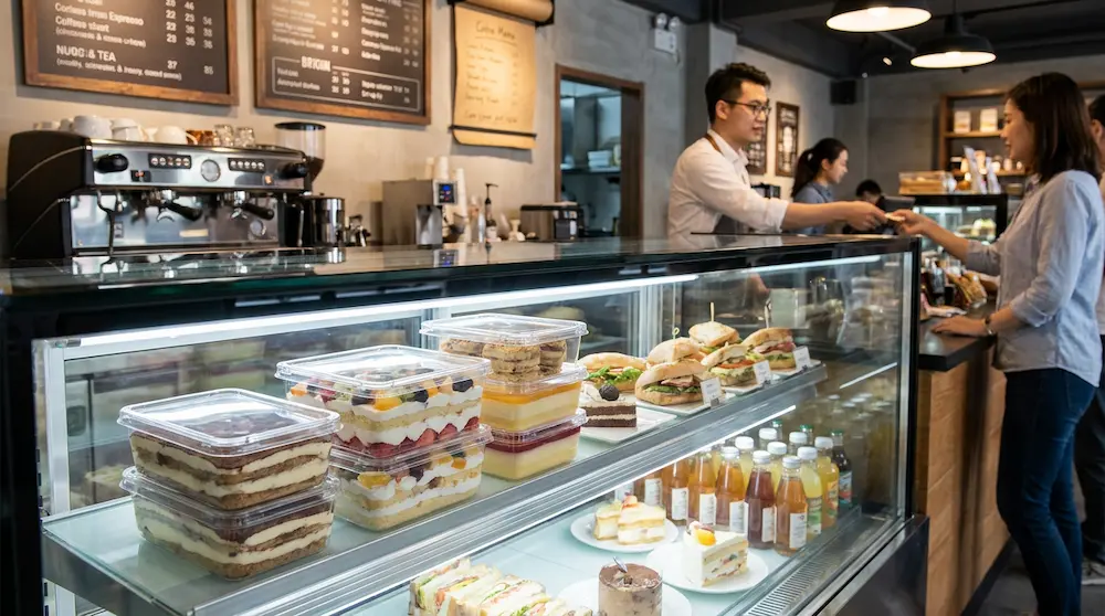 Clear PET/RPET rectangular dessert containers with anti-fog lids in a coffee shop chilled display with cakes, sandwiches, and drinks