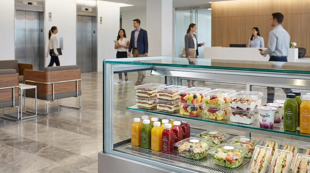 Clear PET/RPET rectangular dessert containers with anti-fog lids in an office lobby grab-and-go refrigerated display