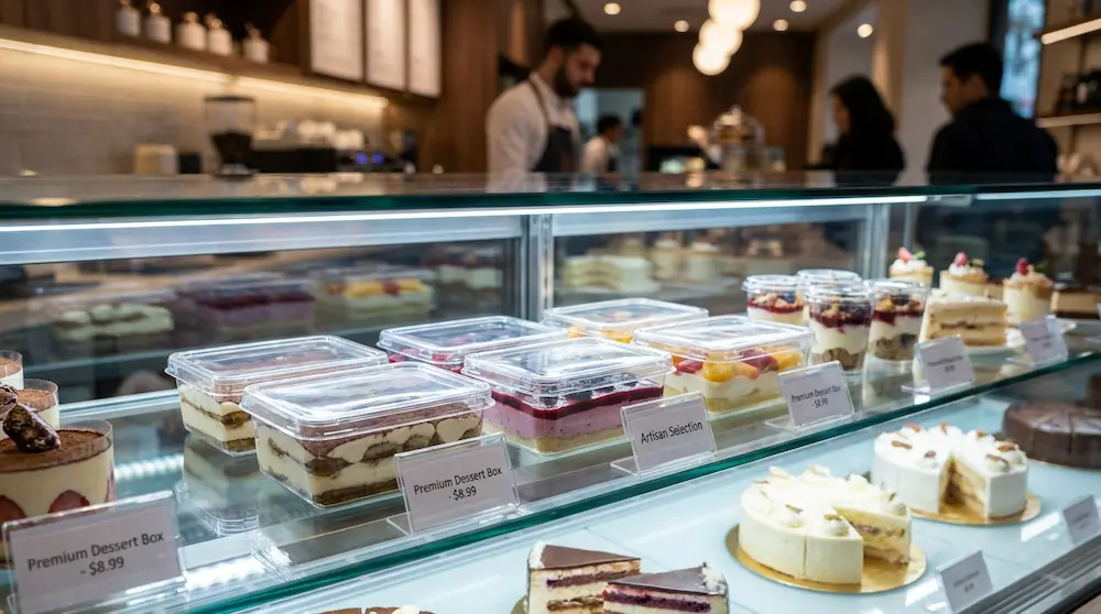 Clear PET/RPET rectangular dessert containers with anti-fog lids displayed in a premium dessert shop refrigerated showcase