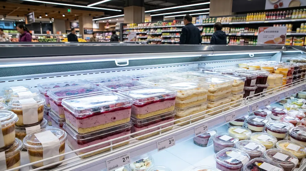 Clear PET/RPET rectangular dessert containers with anti-fog lids on a supermarket chilled shelf for ready-to-eat layered desserts