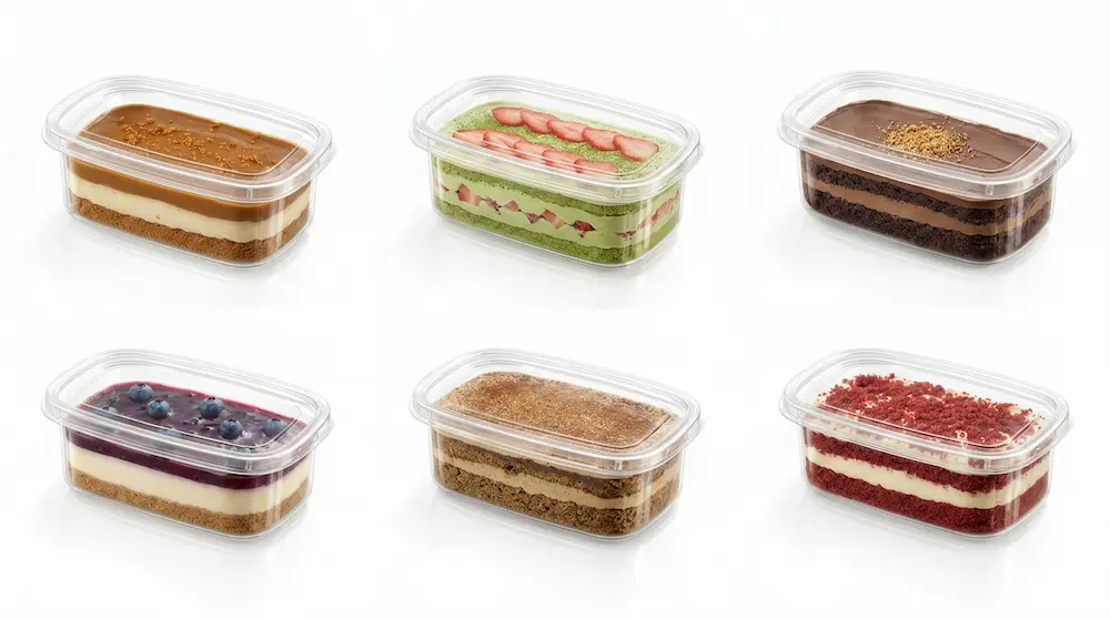 Six clear PET/RPET rectangular dessert containers with anti-fog lids, filled with caramel, matcha strawberry, chocolate, blueberry, tiramisu, and red velvet cakes.