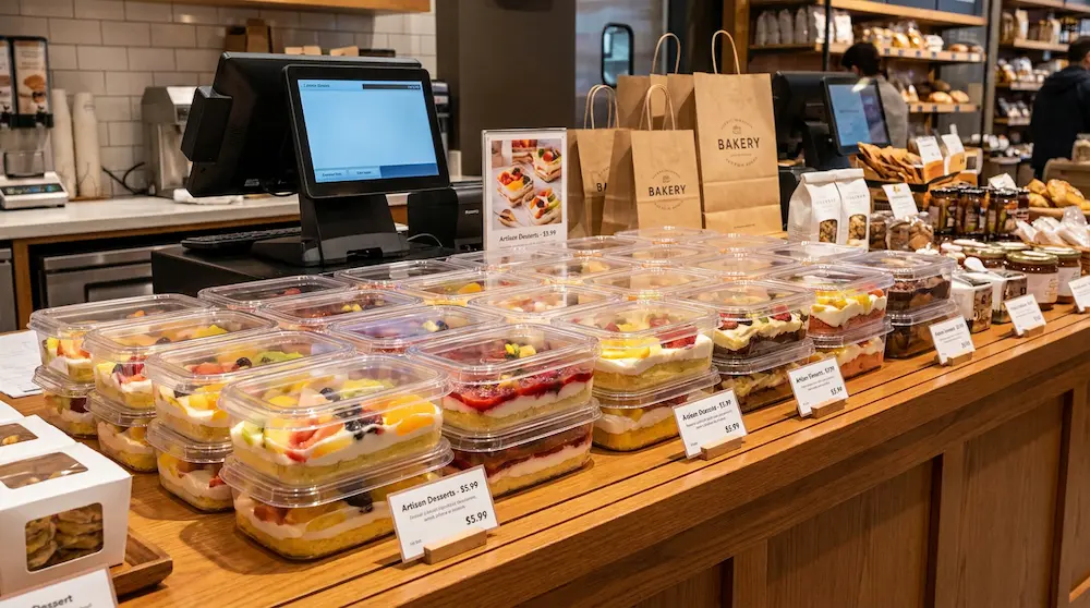 Clear PET/RPET rectangular dessert containers stacked at a bakery checkout counter for fresh fruit desserts and layered cakes