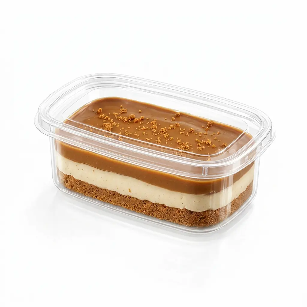 Clear PET/RPET rectangular dessert container with anti-fog lid, holding caramel biscuit cheesecake for chilled dessert display and takeaway bakery packaging.