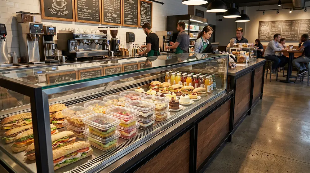 Clear PET/RPET rectangular dessert containers in a coffee shop refrigerated display case with sandwiches, cakes, and bottled drinks