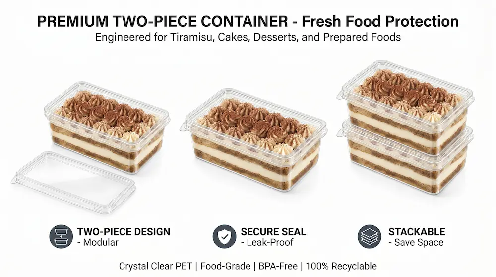 Clear PET/RPET rectangular dessert container for tiramisu and cakes, showing two-piece design, secure seal, and stackable fresh food protection.
