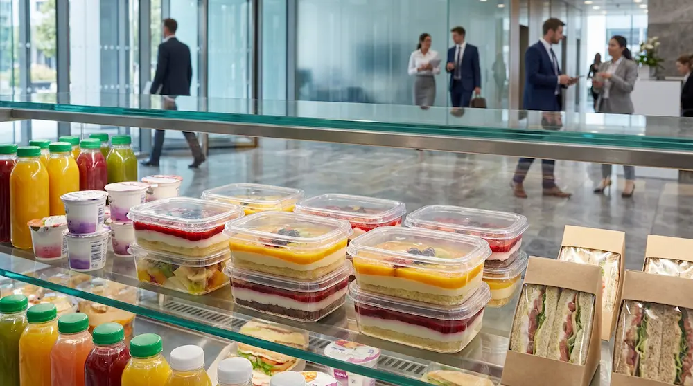 Clear PET/RPET rectangular dessert containers in a shared office light meal refrigerated display with juices, yogurt, and sandwiches