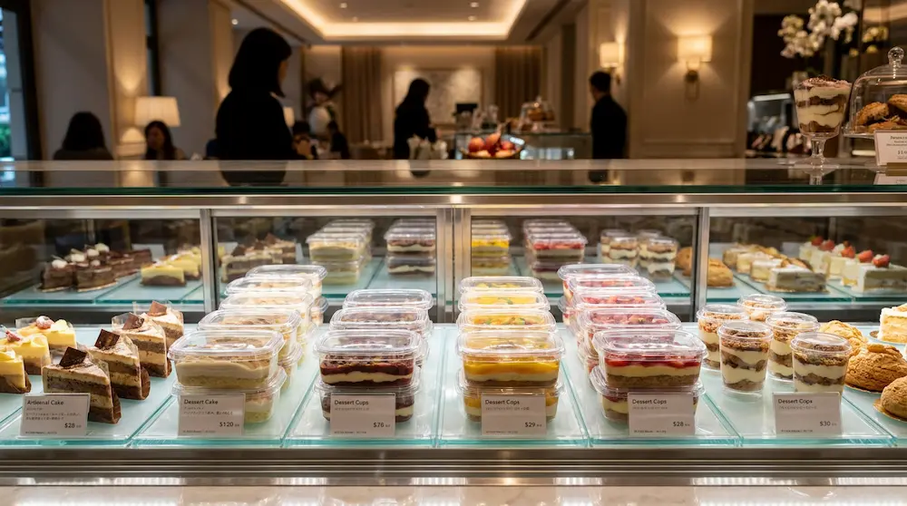 Clear PET/RPET rectangular dessert containers displayed in a premium dessert shop refrigerated showcase with layered cakes and fruit desserts