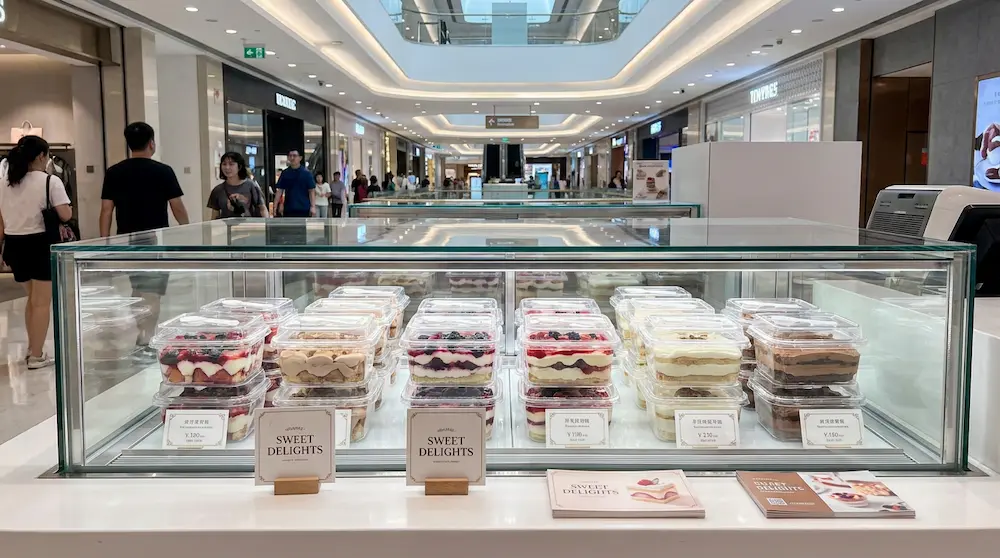 Clear PET/RPET rectangular dessert container with spoon displayed in a shopping mall dessert kiosk