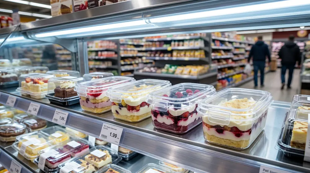 Clear PET/RPET rectangular dessert containers displayed on a supermarket chilled shelf for ready-to-eat layered desserts
