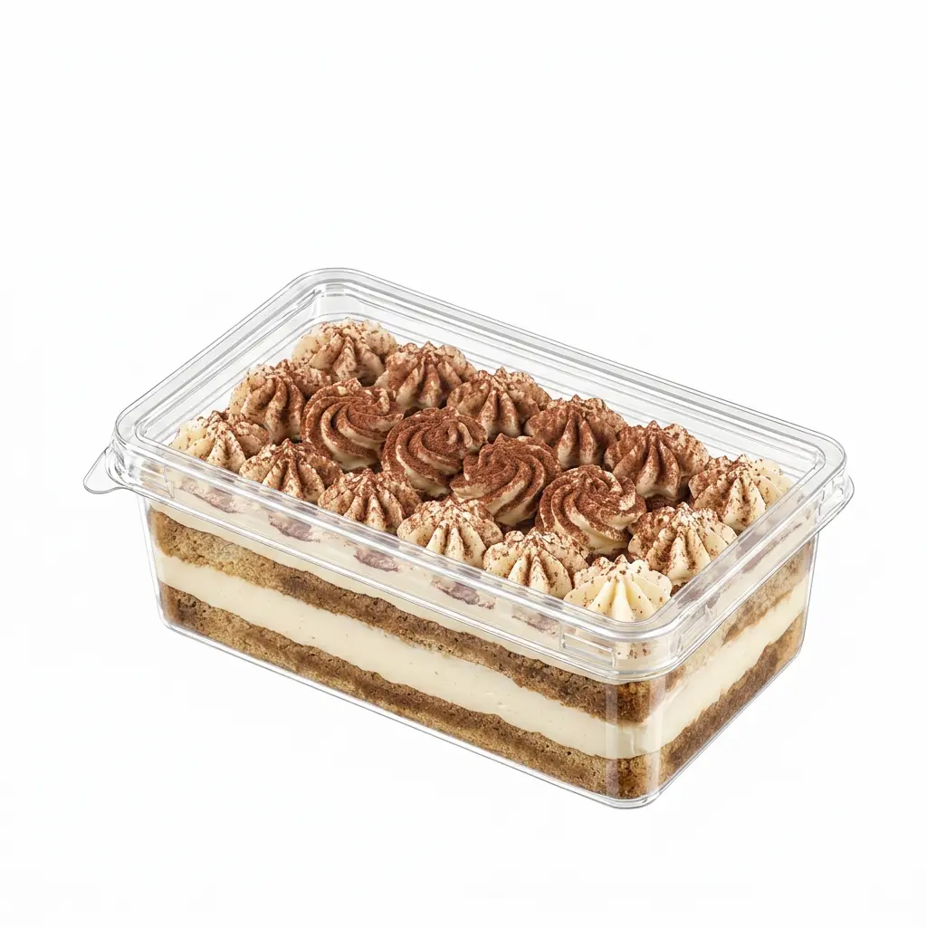 Clear PET/RPET rectangular dessert container packed with tiramisu cake, featuring visible cream layers and cocoa topping for bakery display packaging.