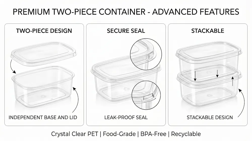 Clear PET/RPET rectangular dessert container with anti-fog lid, showing two-piece design, secure seal, and stackable structure for bakery packaging.