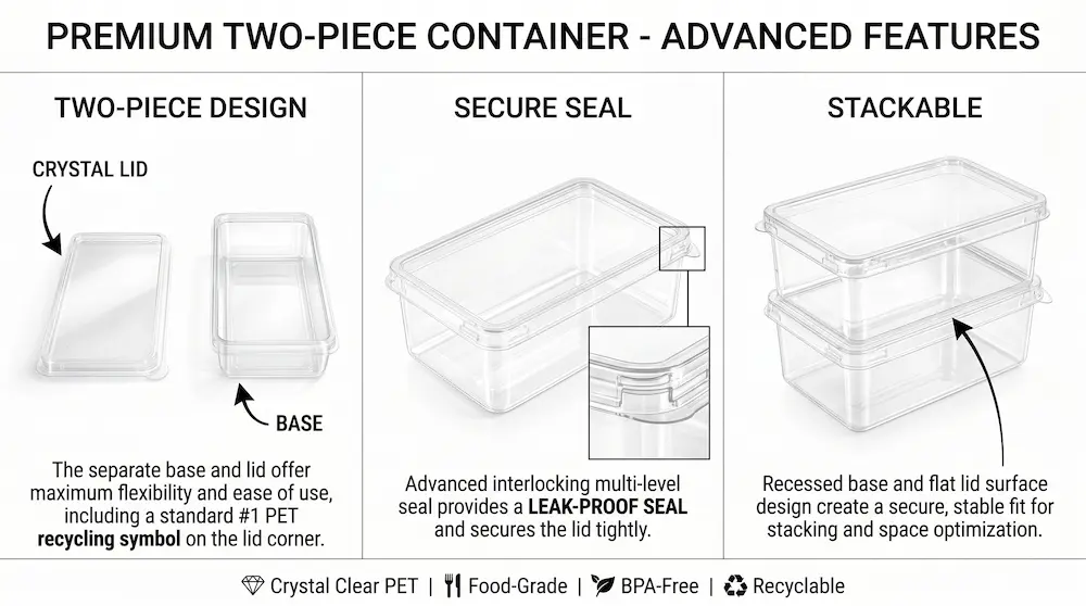 Clear PET/RPET rectangular dessert container showing two-piece design, secure seal, stackable structure, food-grade PET, BPA-free material, and recyclable packaging features.
